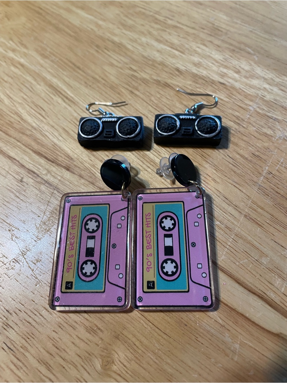 Retro Pink Cassette Tape & Black Boombox Dangle Earrings